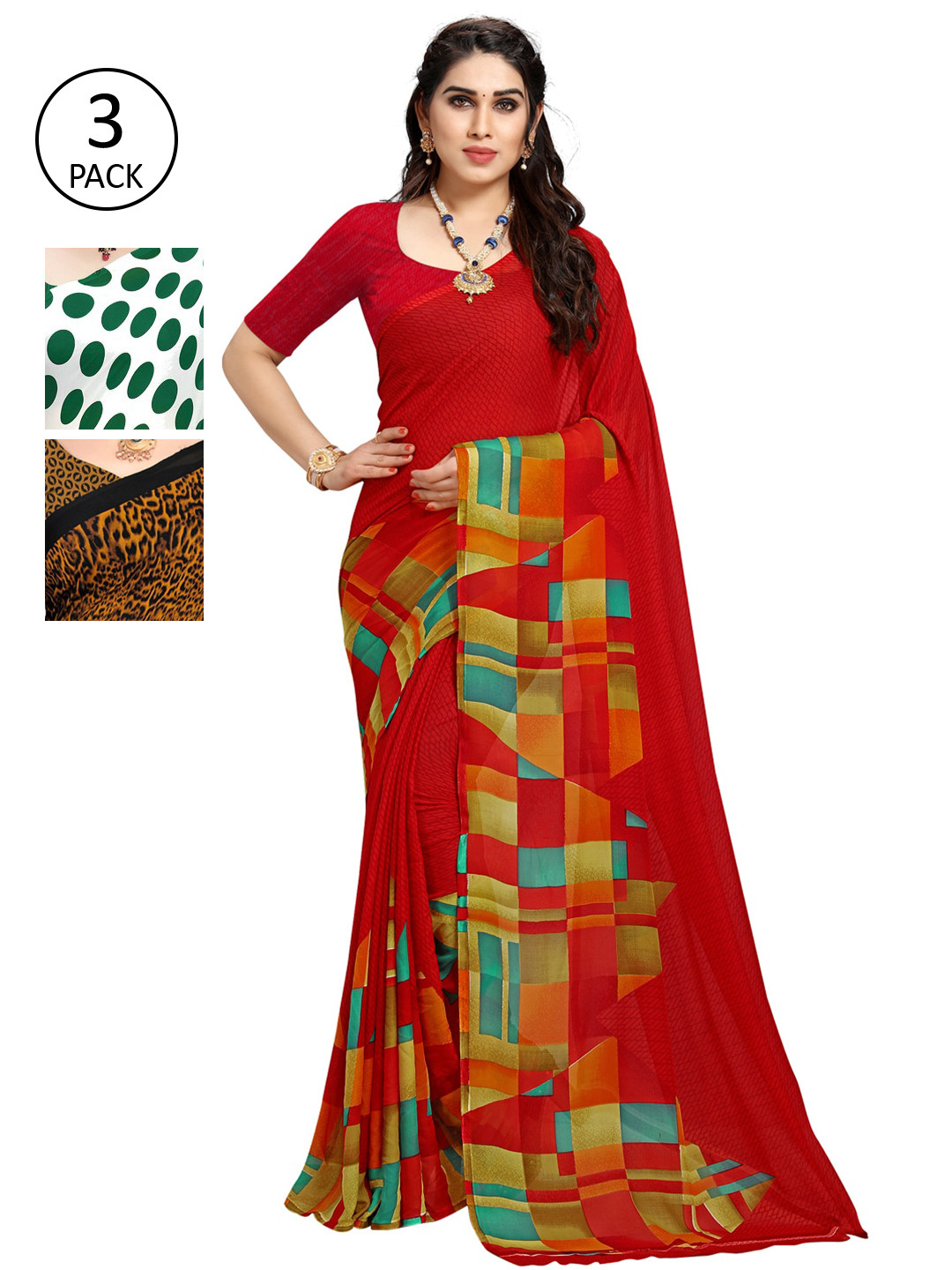 

KALINI Women Pack of 3 Printed Poly Georgette Sarees, White