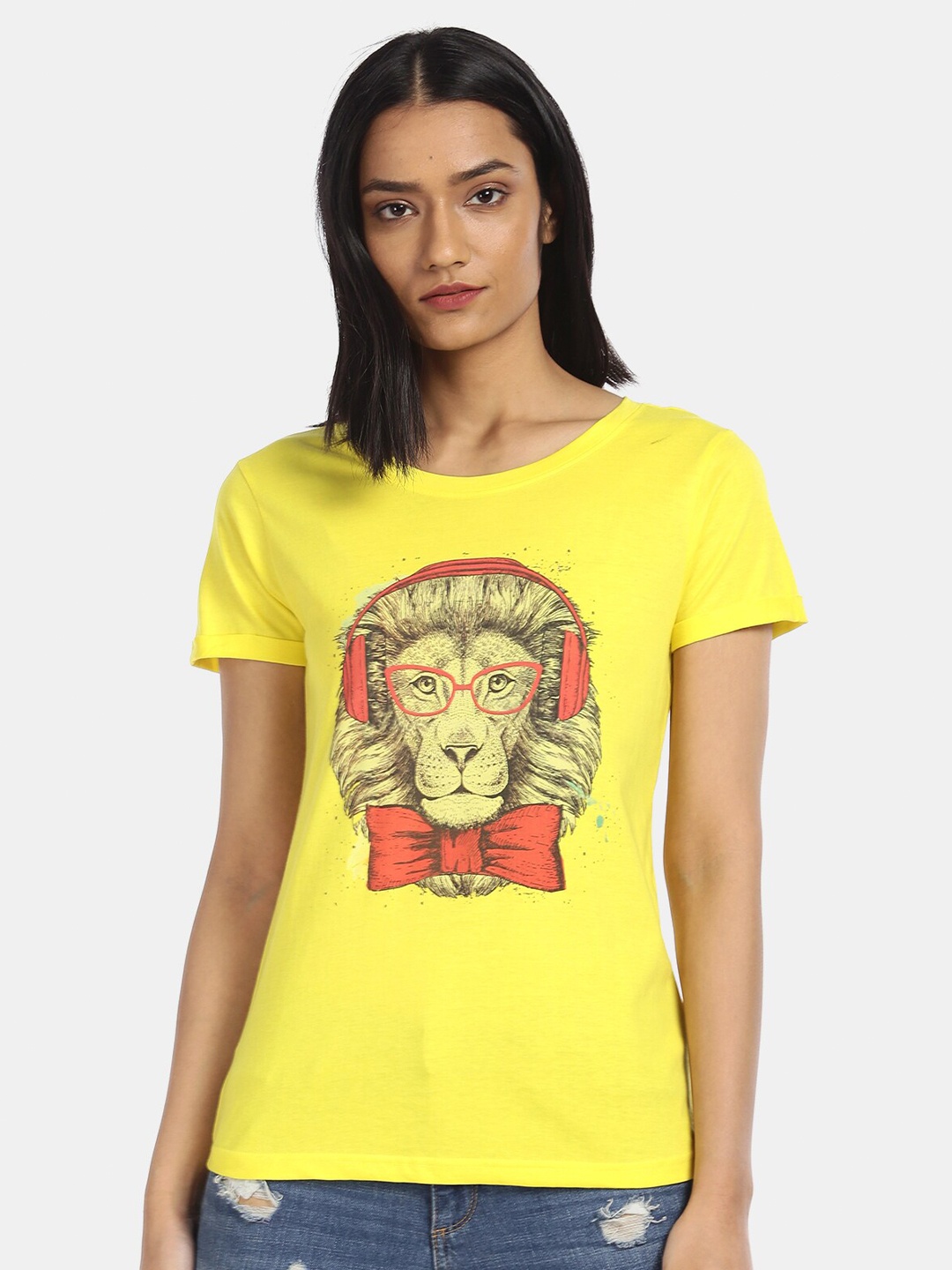 

Sugr Women Yellow Printed Cotton Pure Cotton T-shirt