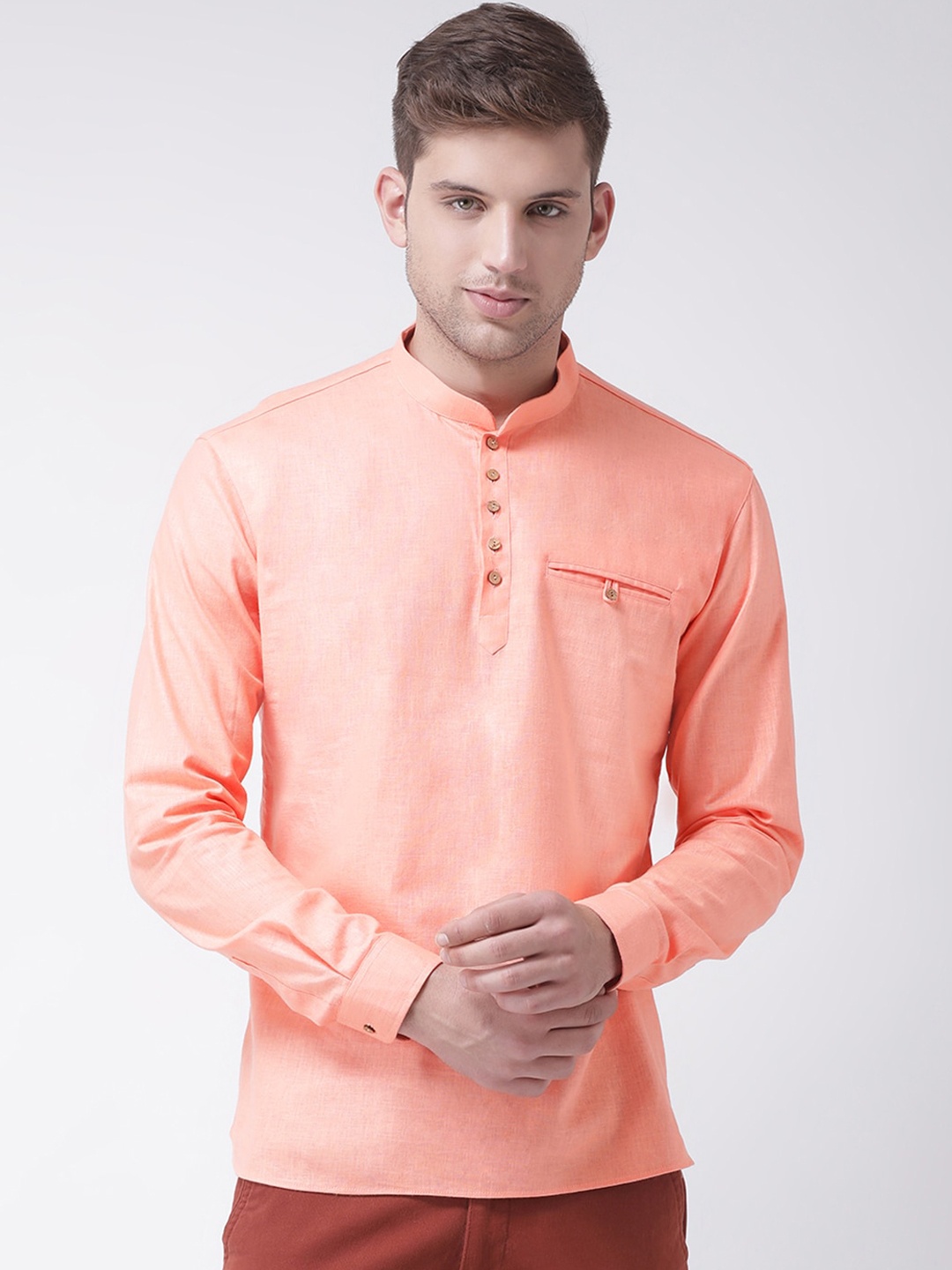 

TABARD Men Peach-Coloured Solid Cotton Mandarin Collar Kurta