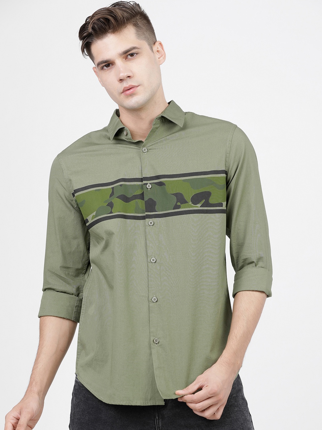 

HIGHLANDER Men Olive Green Slim Fit Printed Casual Shirt