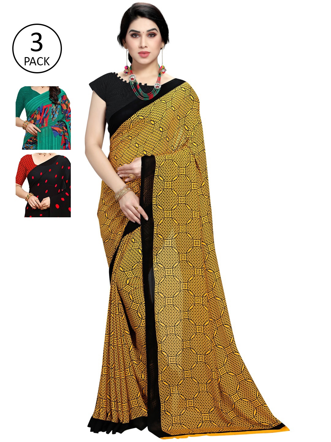 

KALINI Pack Of 3 Multicoloured Poly Georgette Sarees, Multi