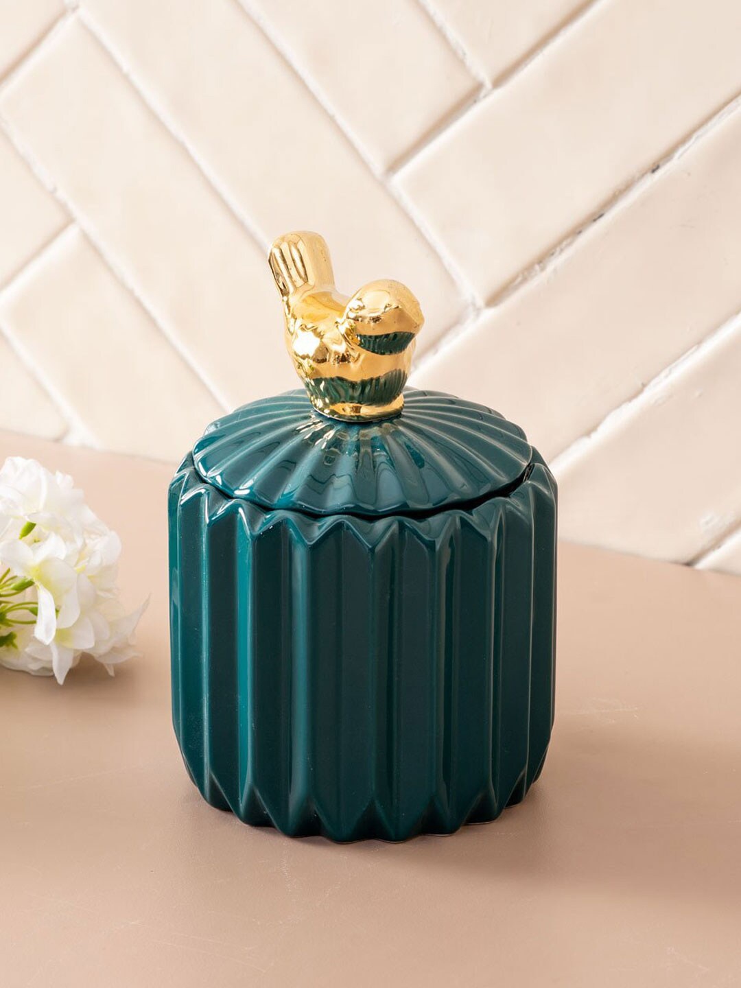 

THEDECORKART Green & Gold-Toned Small Bird Storage Canister