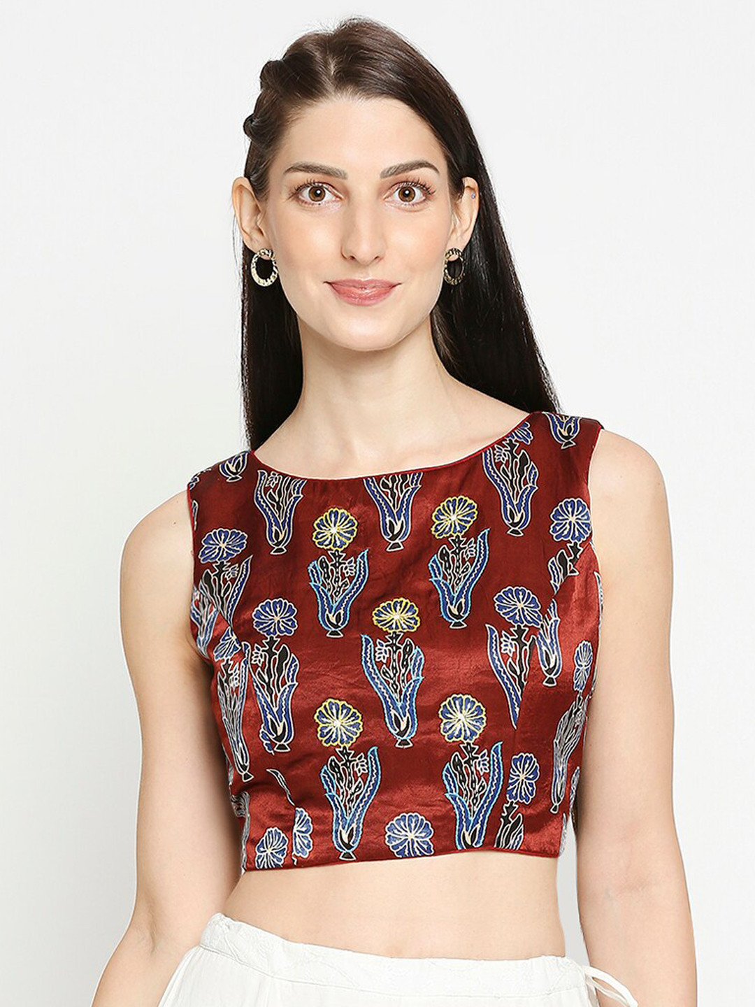 

SALWAR STUDIO Women Maroon Boat Neck Printed Readymade Saree Blouse