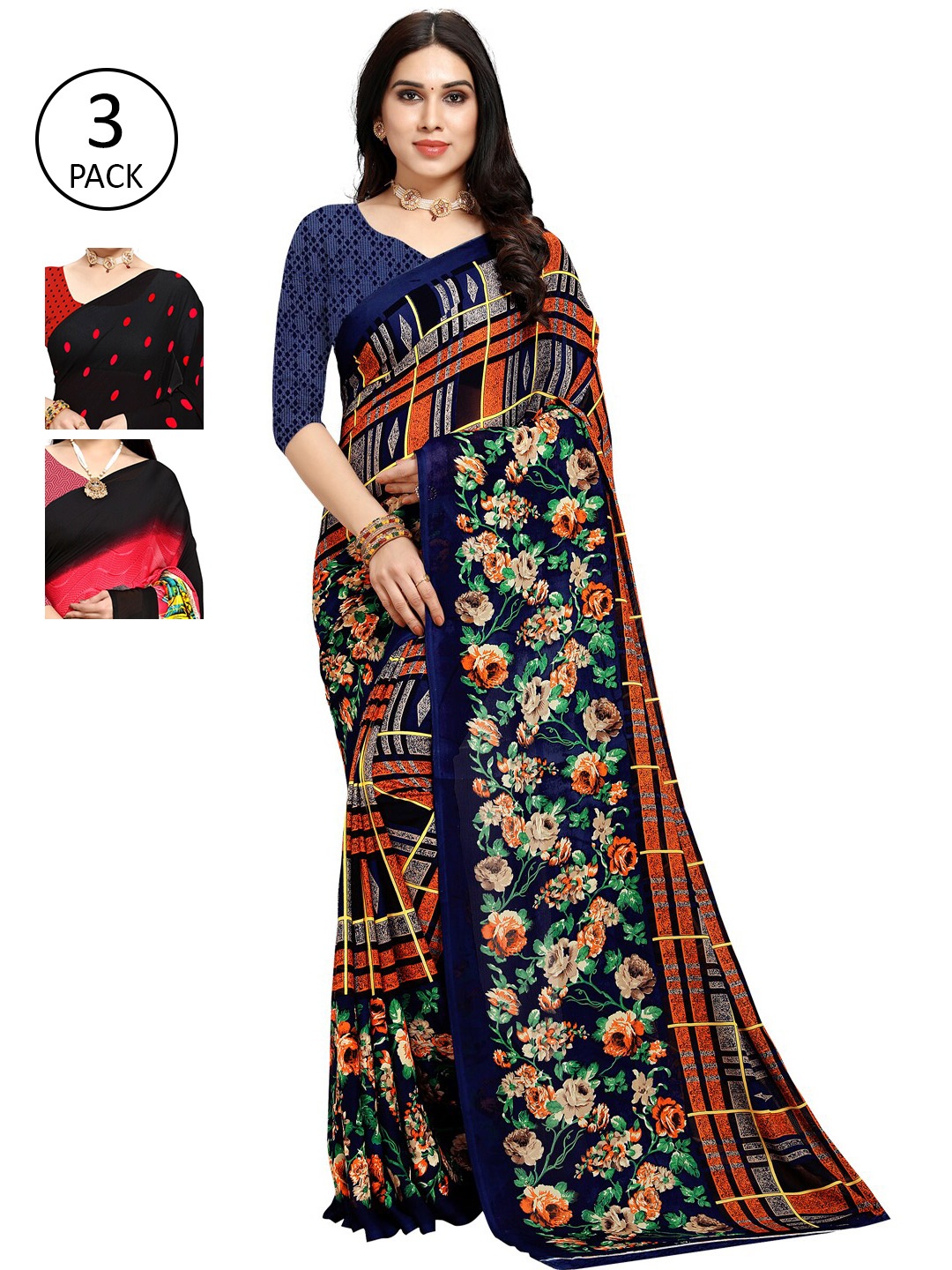 

KALINI Multicoloured Set of 3 Poly Georgette Saree, Multi