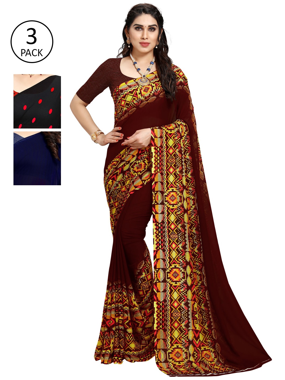 

KALINI Multicoloured Set of 3 Poly Georgette Saree, Multi
