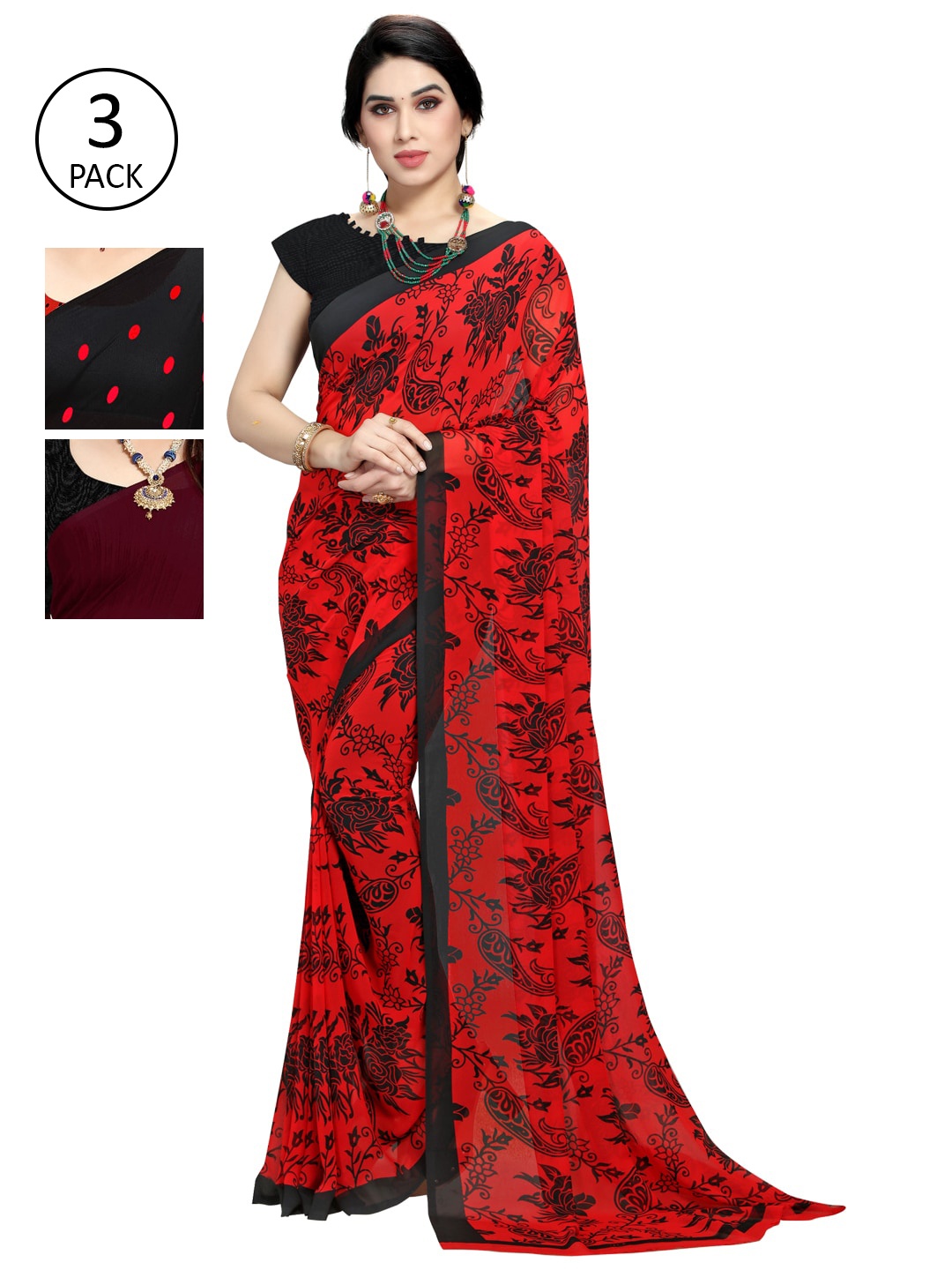 

KALINI Pack of 3 Poly Georgette Sarees, Black