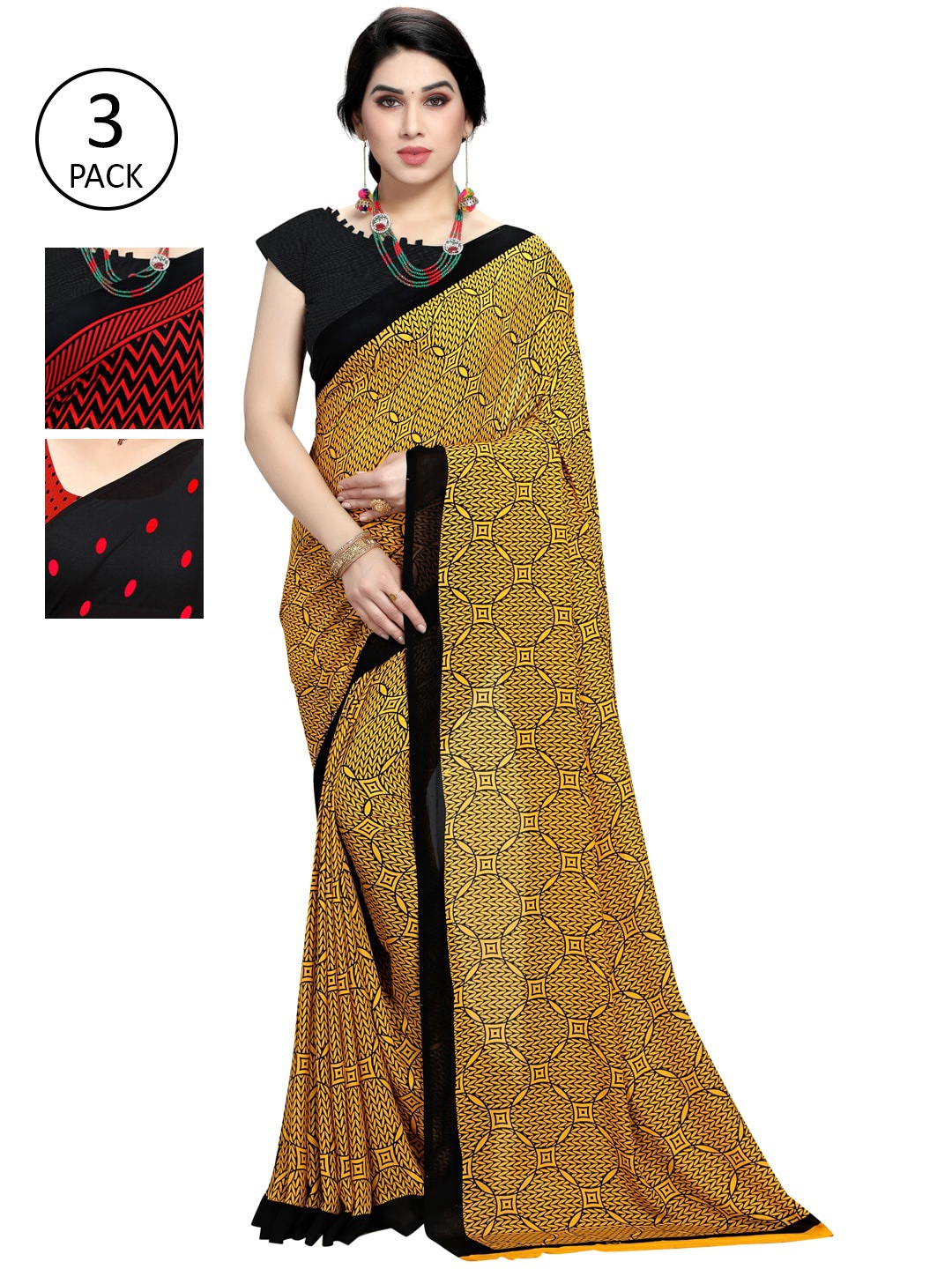 

KALINI Pack Of 3 Printed Sarees, Black