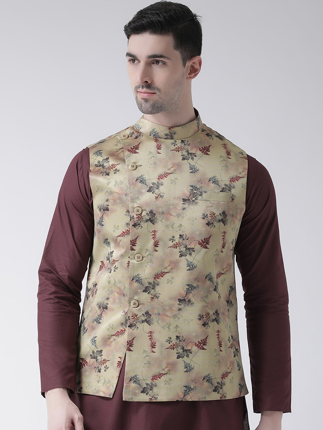 

TABARD Men Beige & Green Printed Nehru Jacket