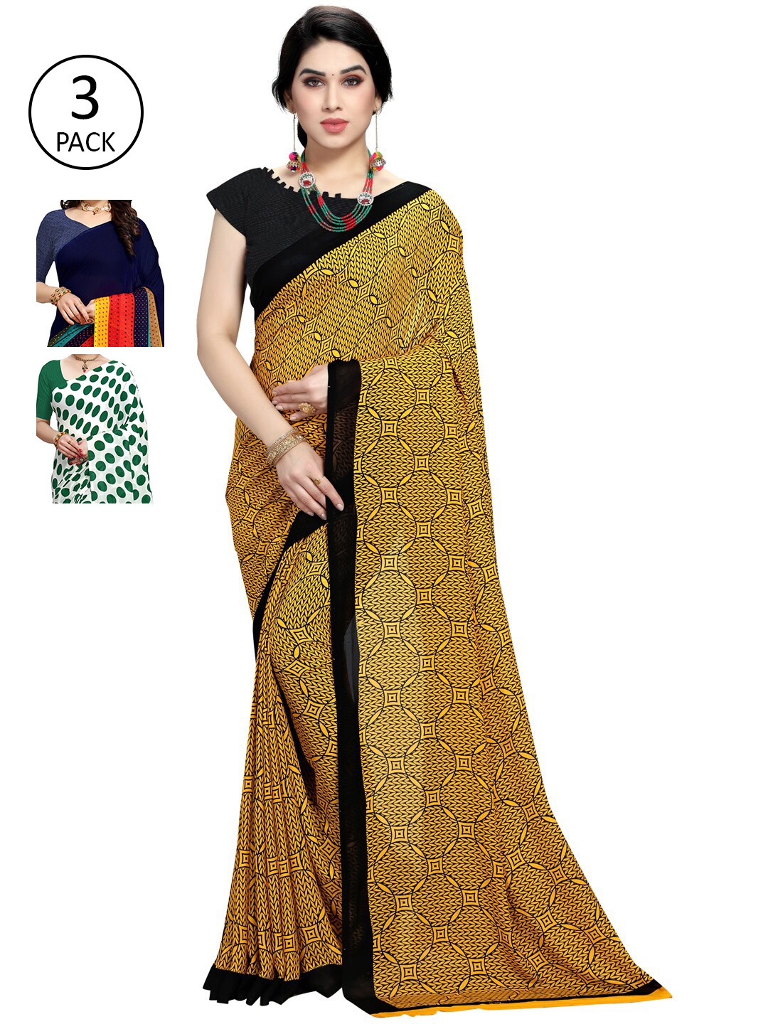 KALINI Pack Of 3 White & Green Saree