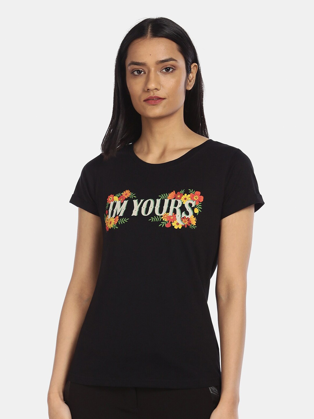 

Sugr Women Black Typography Printed Cotton T-shirt