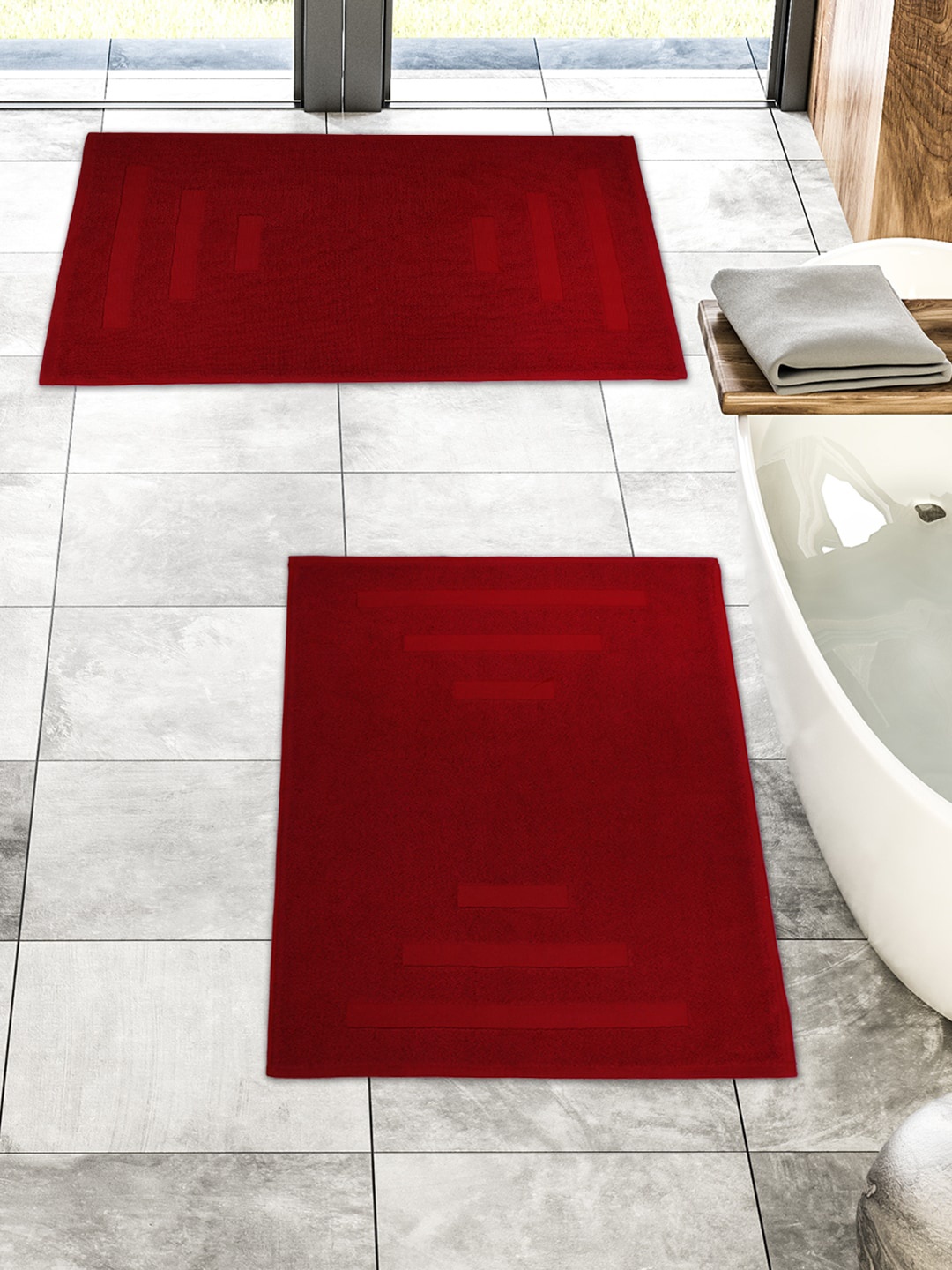 

MYTRIDENT Set Of 2 Red Striped 1200 GSM Cotton Bath Mats