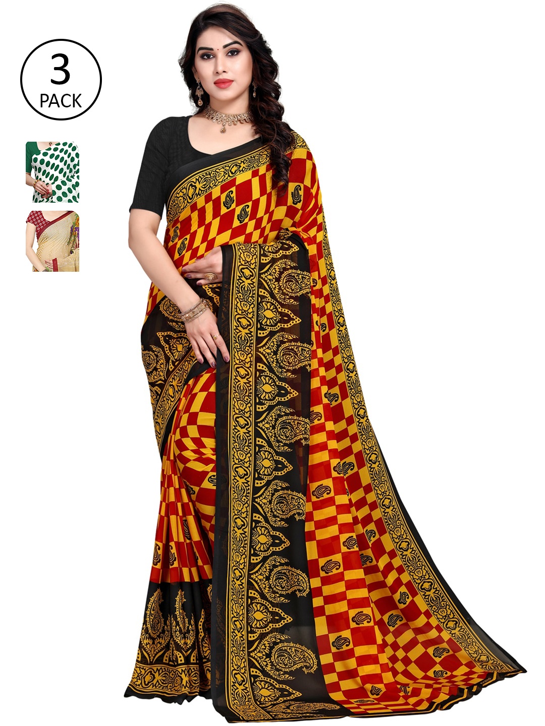 

KALINI Women Pack of 3 Printed Poly Georgette Sarees, Yellow