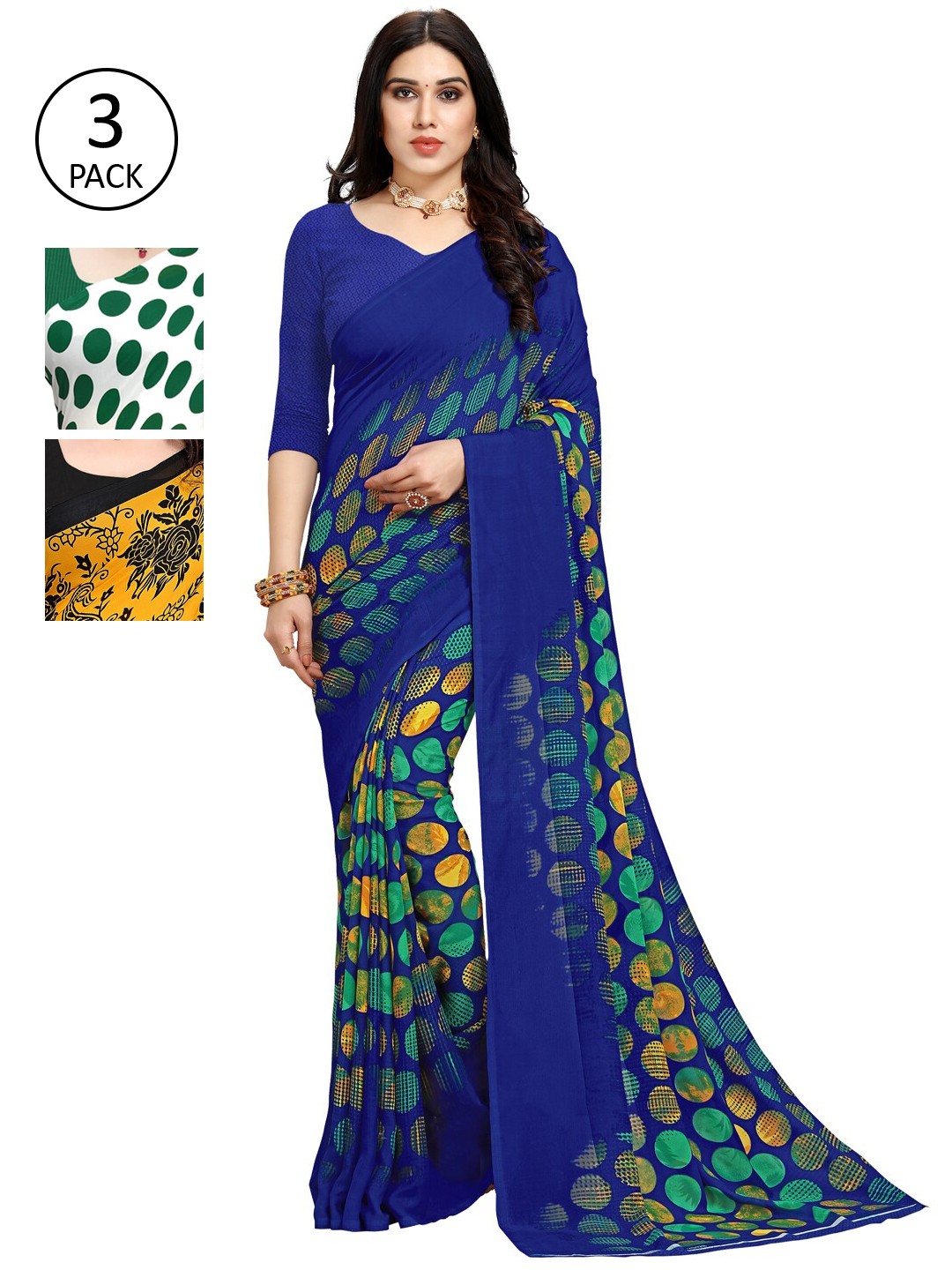 

KALINI Women Pack of 3 Printed Poly Georgette Sarees, Blue