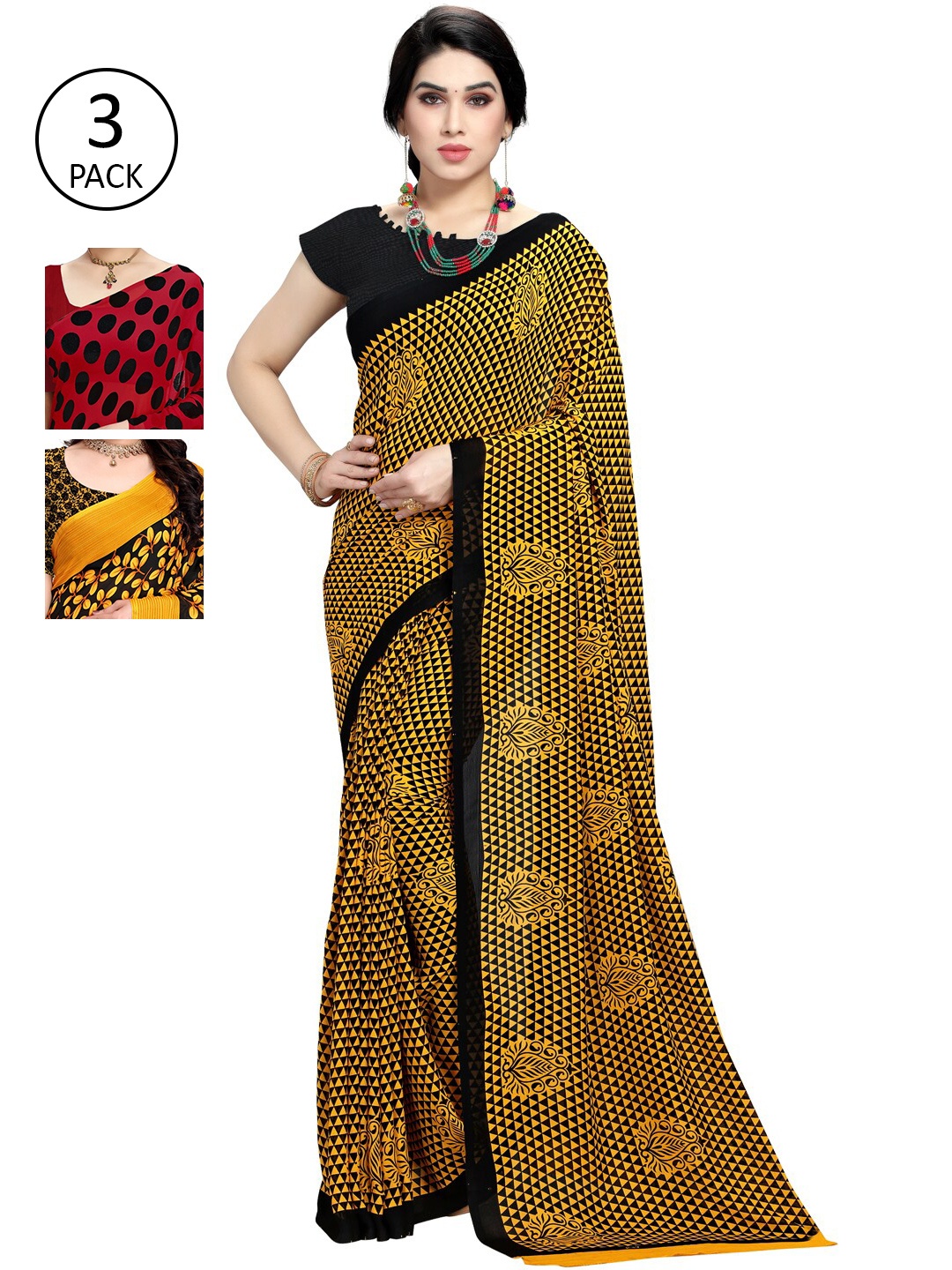 

KALINI Pack Of 3 Multicoloured Poly Georgette Sarees, Multi