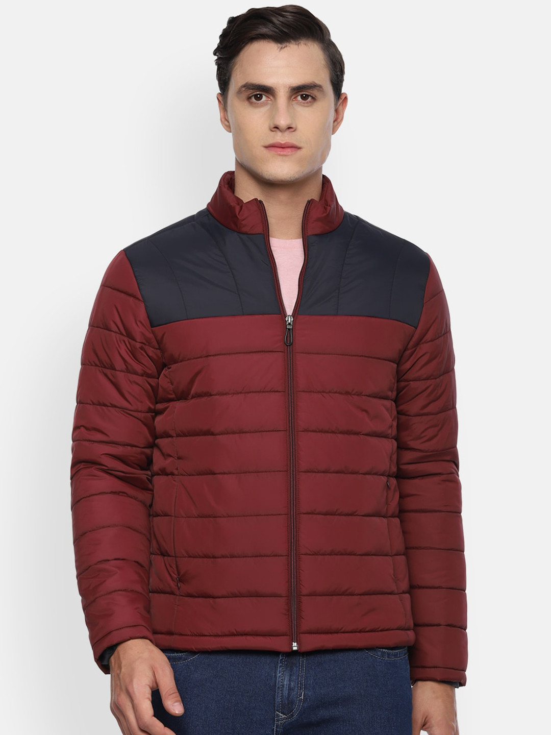 

Louis Philippe Sport Men Maroon & Navy Blue Colourblocked Puffer Jacket