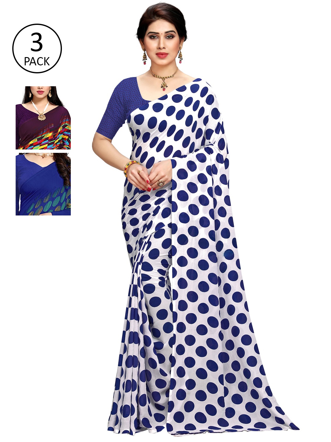 

KALINI Multicoloured Set of 3 Poly Georgette Saree, Multi