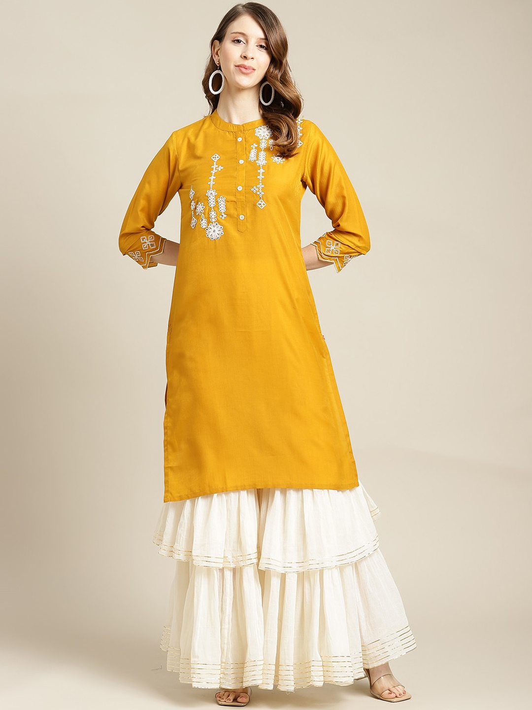 

Varanga Women Mustard Yellow Embroidered Keyhole Neck Layered Kurta