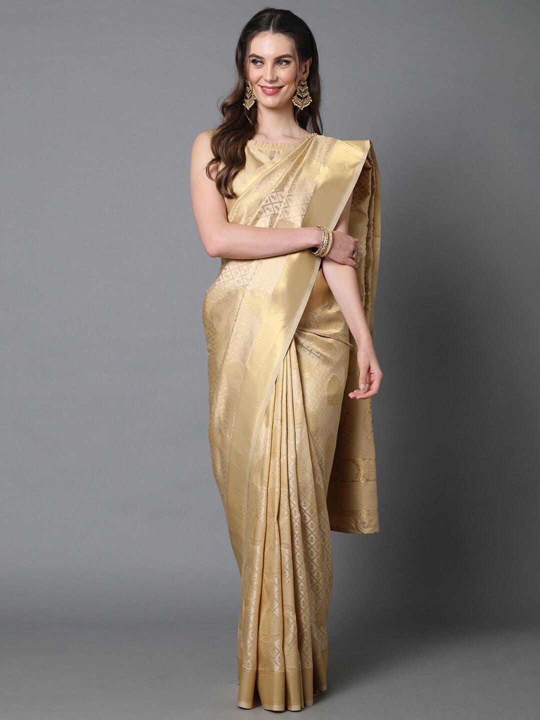 Mitera Cream & Gold-Toned Floral Zari Silk Blend Banarasi Saree