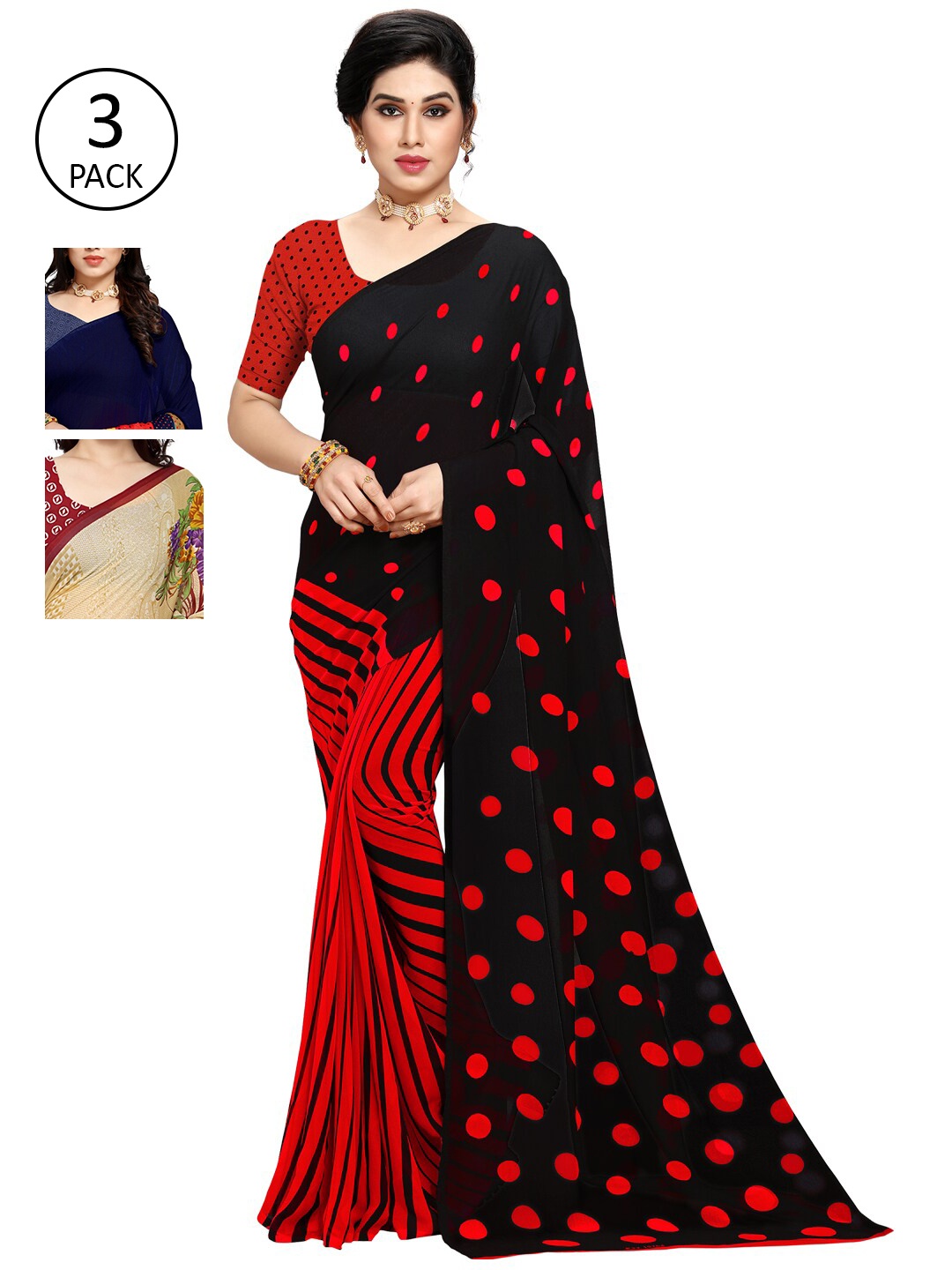 

KALINI Beige & Red Pack of 3 Printed Saree