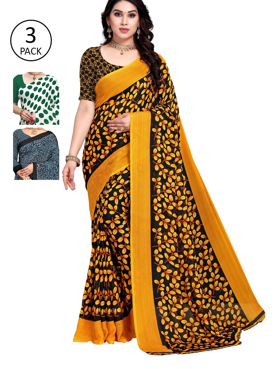 

KALINI Pack Of 3 Multicoloured Floral Poly Georgette Sarees, Multi