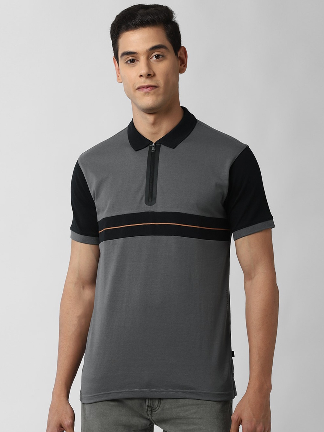 

Peter England Casuals Men Grey & Black Striped Polo Collar Slim Fit T-shirt
