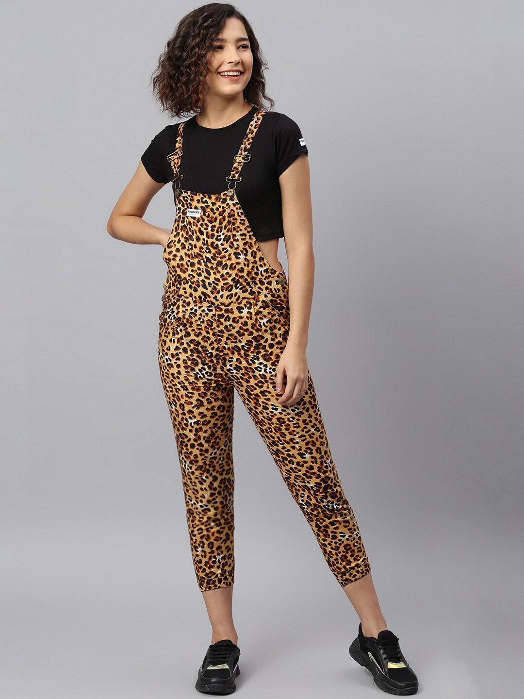 

FINSBURY LONDON Women Beige & Brown Leopard Printed Slim-Fit Cotton Dungarees