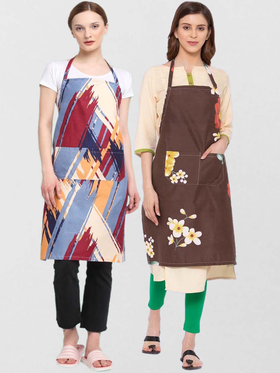 

KLOTTHE Unisex Pack Of 2 Printed 210TC Cotton Aprons, Brown