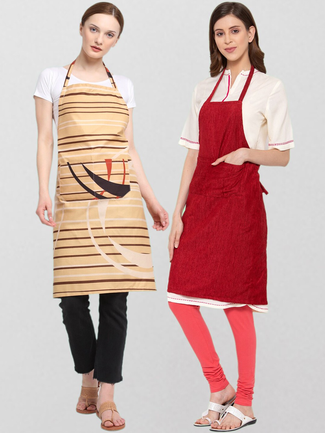 KLOTTHE Unisex Pack Of 2 Printed Cotton 210 TC Aprons, Beige