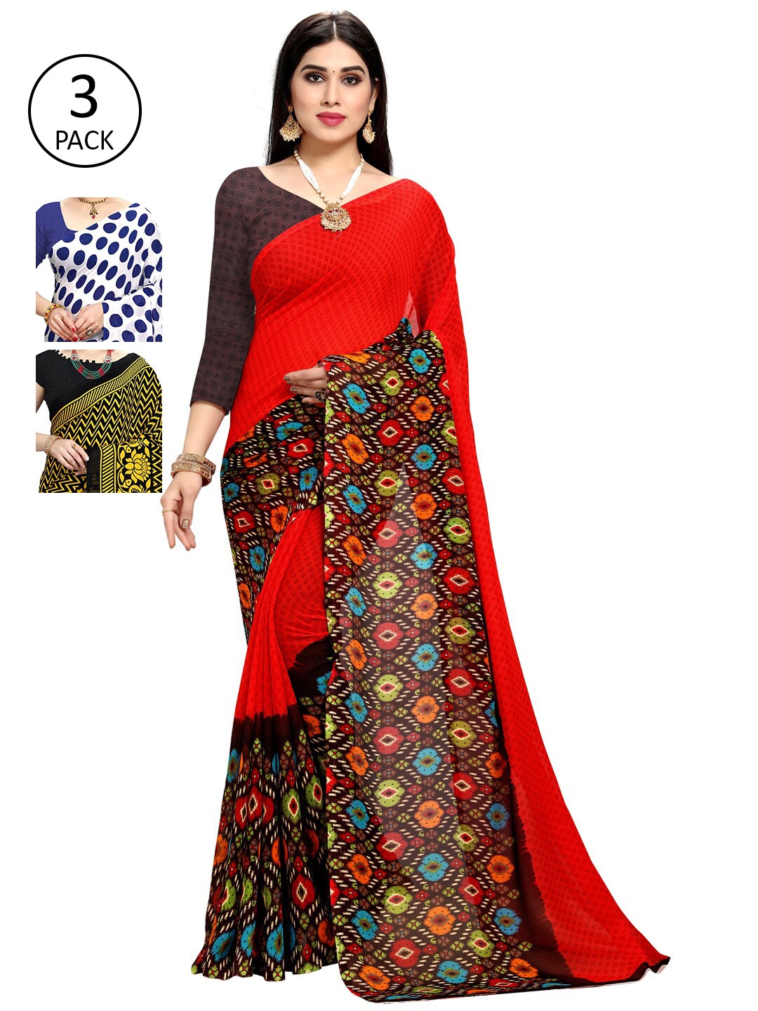 

KALINI Women Pack Of 3 Printed Sarees, White