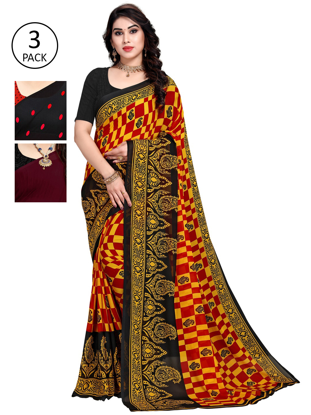 

KALINI Pack of 3 Printed Poly Georgette Saree, Multi