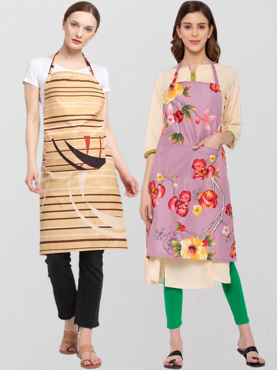

KLOTTHE Pack Of 2 Printed 210 TC Cotton Aprons, Beige