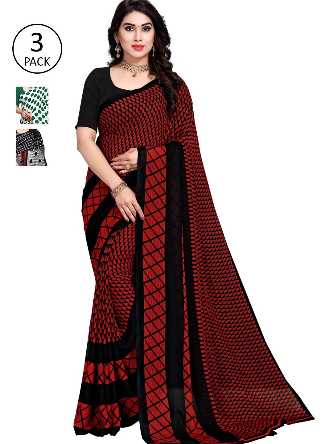 

KALINI Women Pack of 3 Printed Poly Georgette Sarees, Green