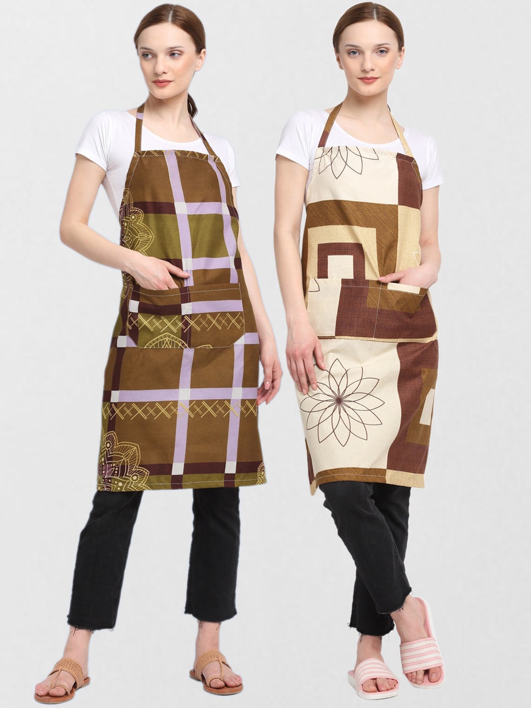 

KLOTTHE Unisex Pack Of 2 Printed Cotton 210 TC Aprons, Beige