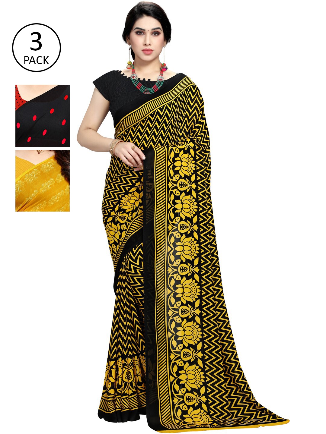 

KALINI Pack Of 3 Poly Georgette Sarees, Yellow