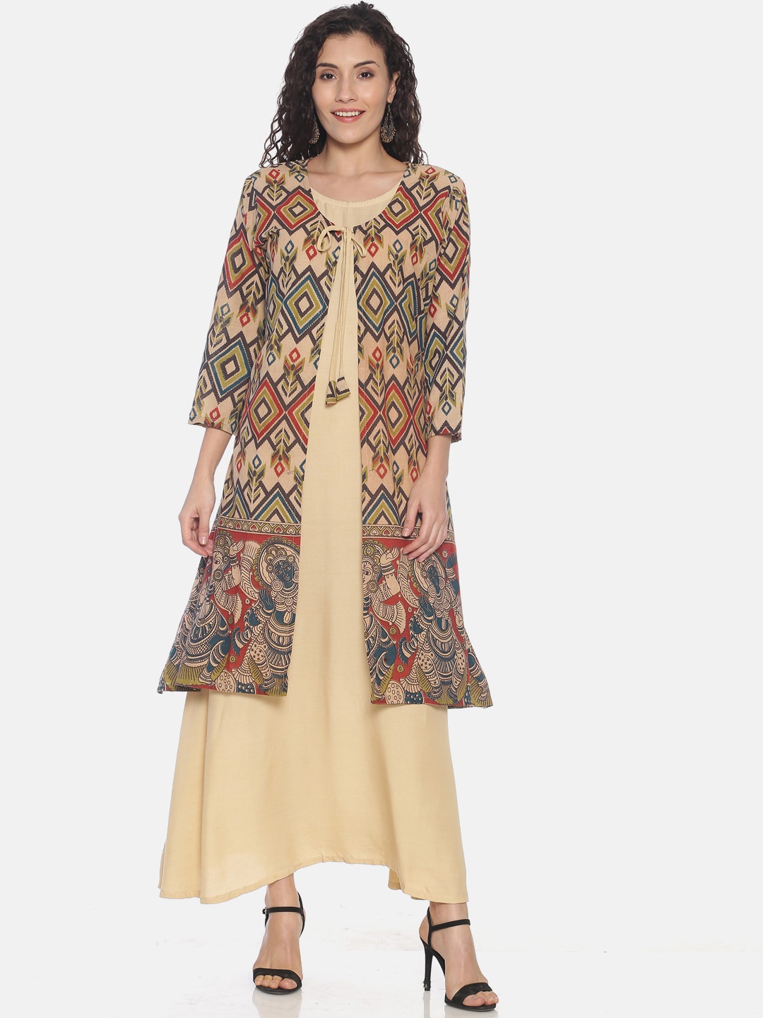 

Resha Women Beige Ethnic Motifs Printed Handloom Layered Kurta