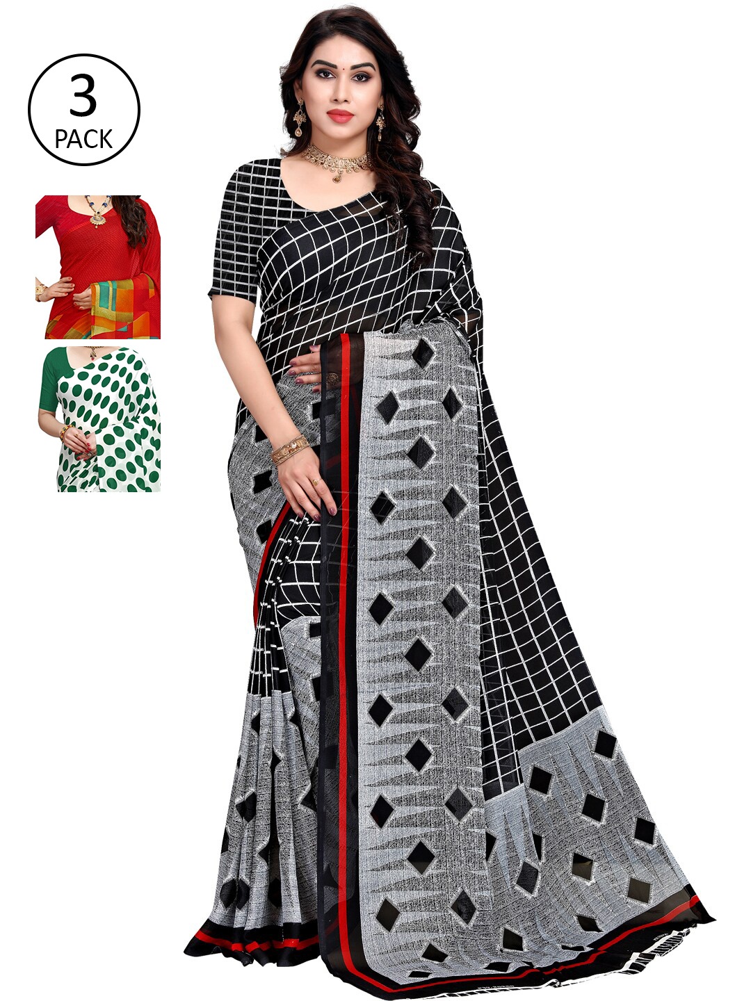 

KALINI Pack of 3 Printed Poly Georgette Saree, Multi