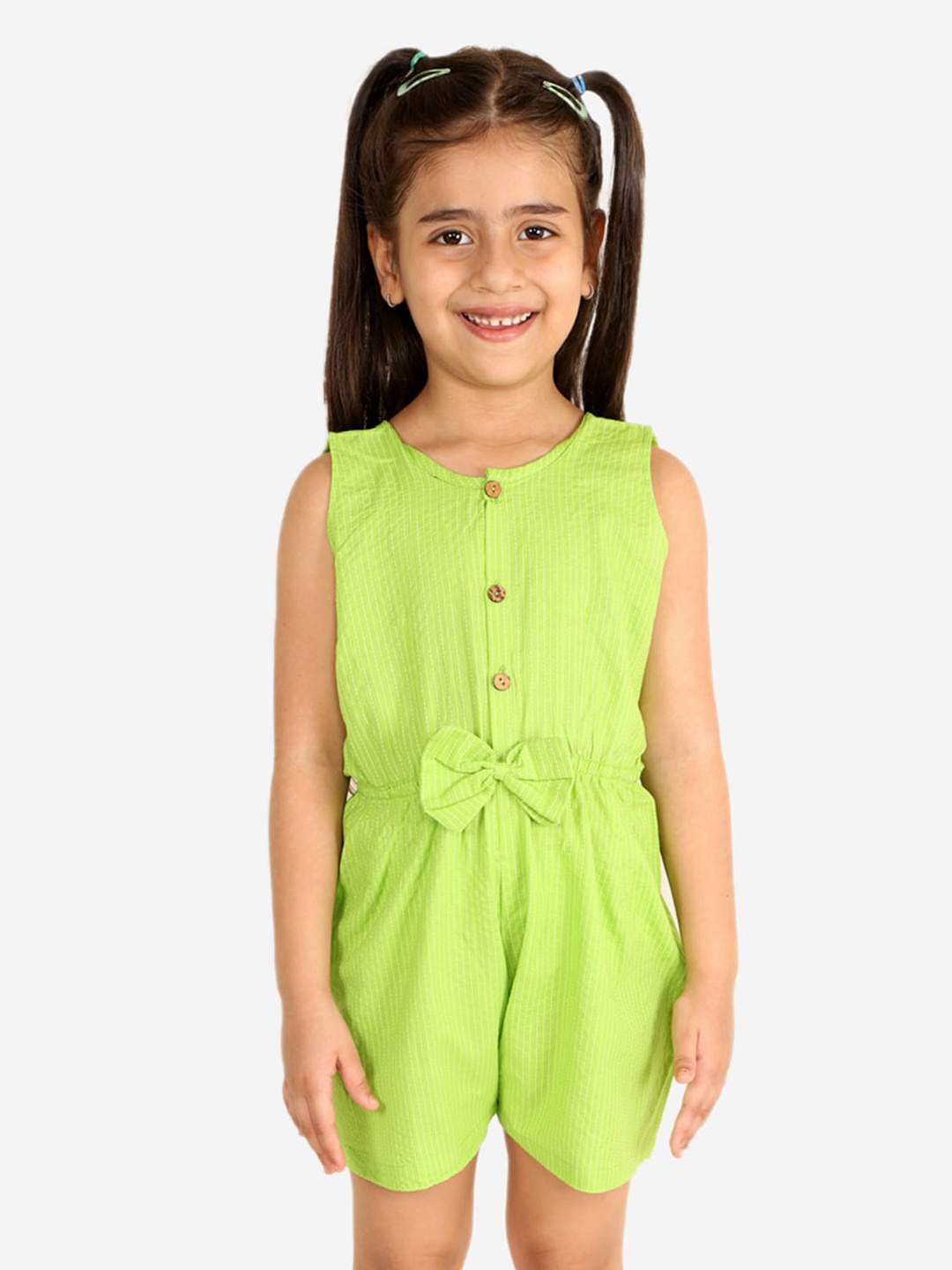 

Chipbeys Girls Green Striped Jumpsuit