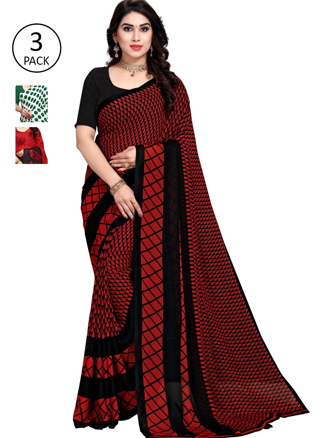

KALINI Women Pack of 3 Printed Poly Georgette Sarees, Green