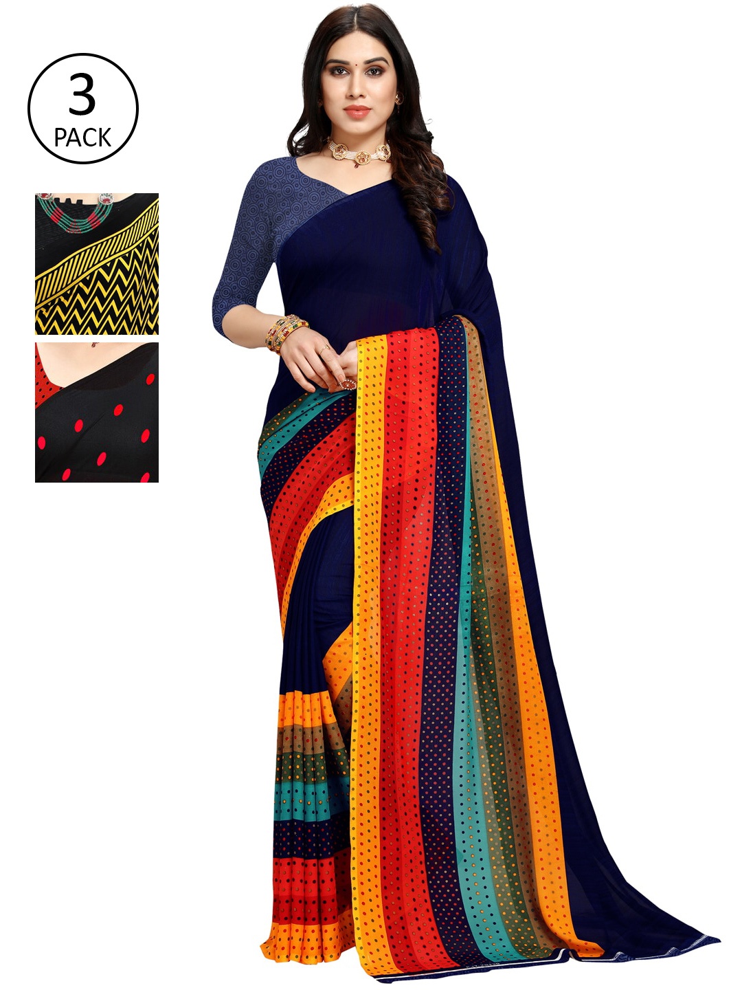 KALINI Pack Of 3 Poly Georgette Sarees, Navy blue