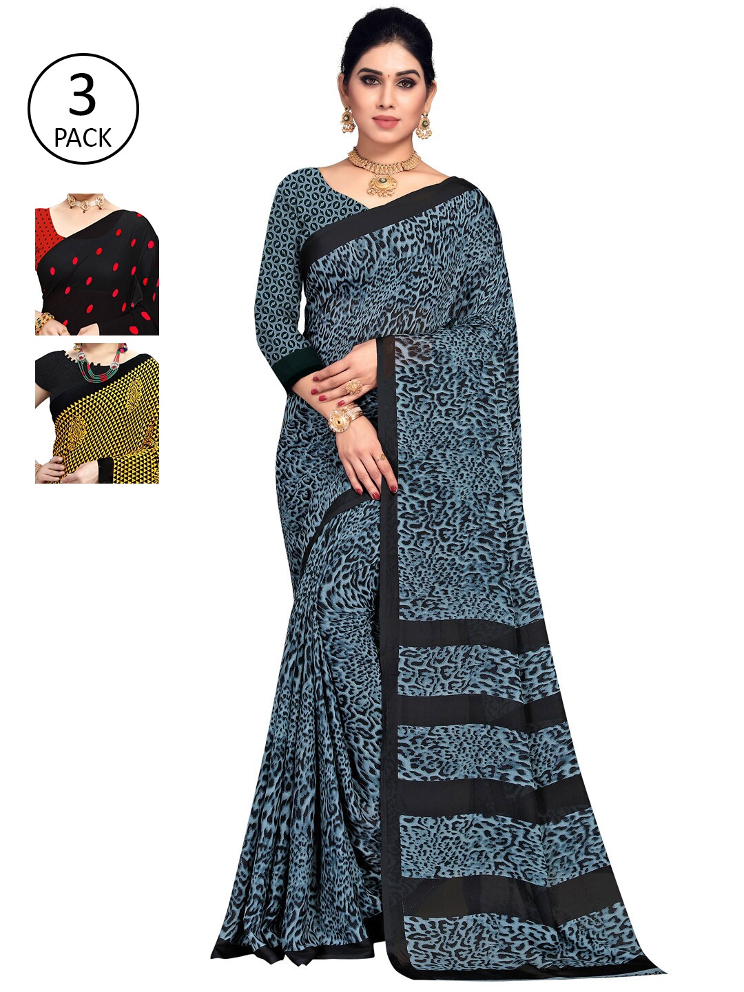 

ANAND SAREES Women Pack of 3 Printed Poly Georgette Sarees, Red