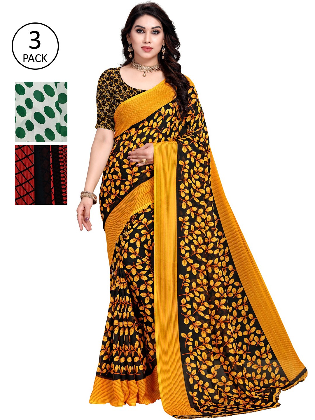 

KALINI Women Pack of 3 Printed Poly Georgette Sarees, White