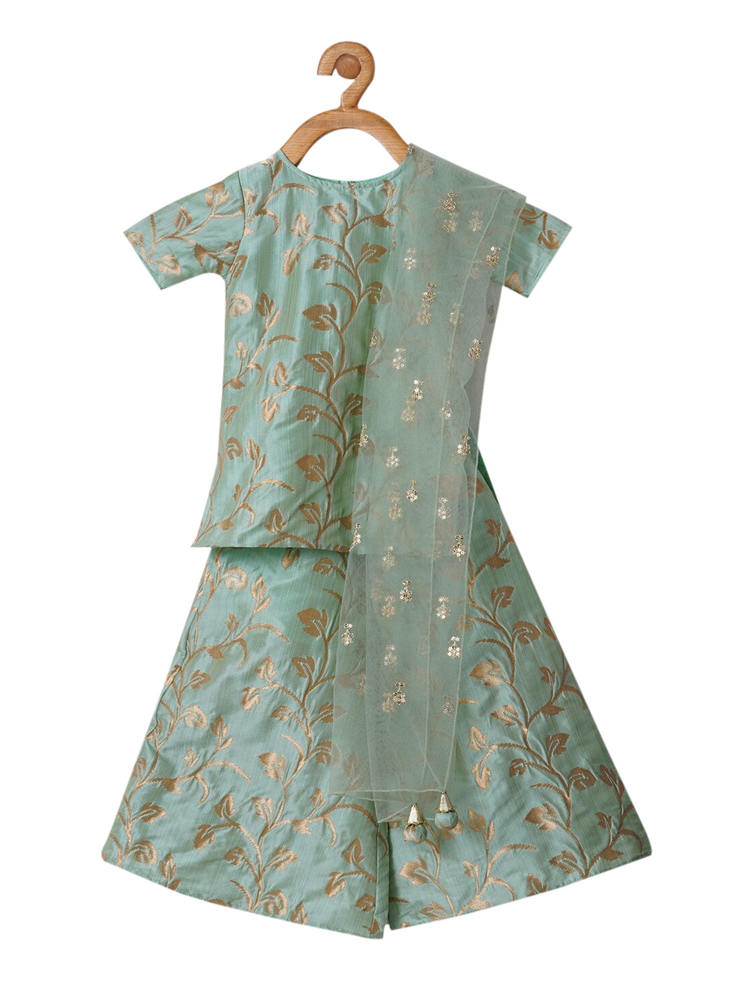 PICCOLO Girls Green Floral Kurti with Skirt & With Dupatta