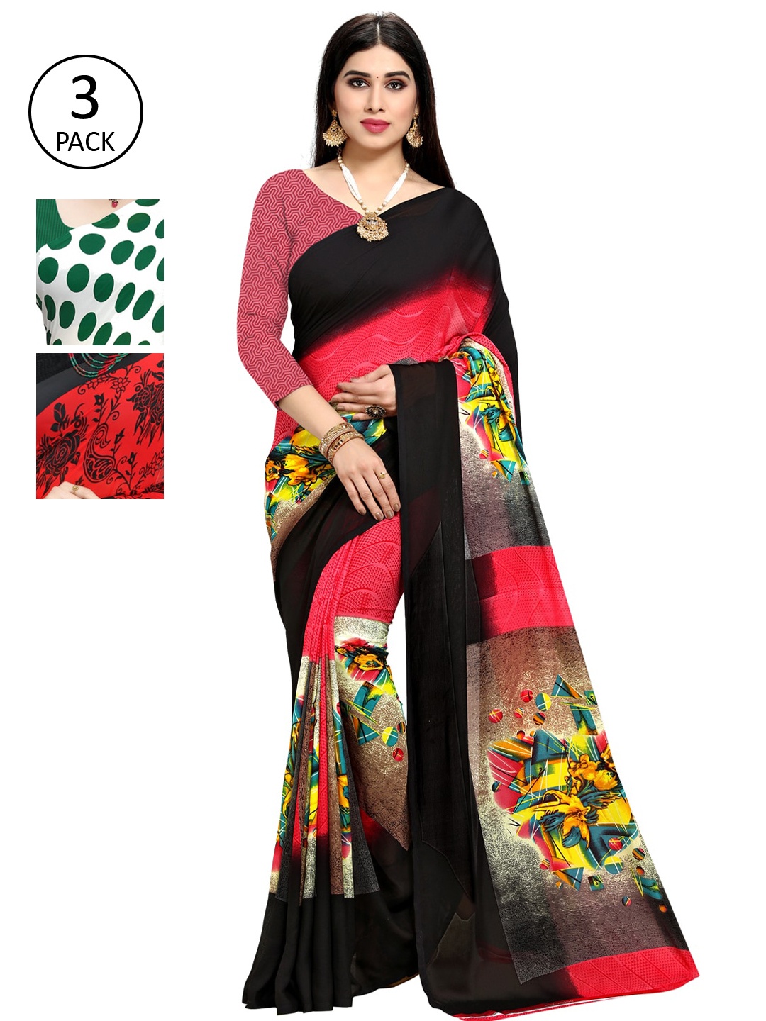 

KALINI Red & Pink Pack of 3 Printed Saree