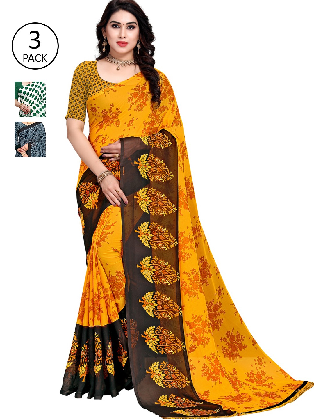 

KALINI Women Pack of 3 Printed Poly Georgette Sarees, White