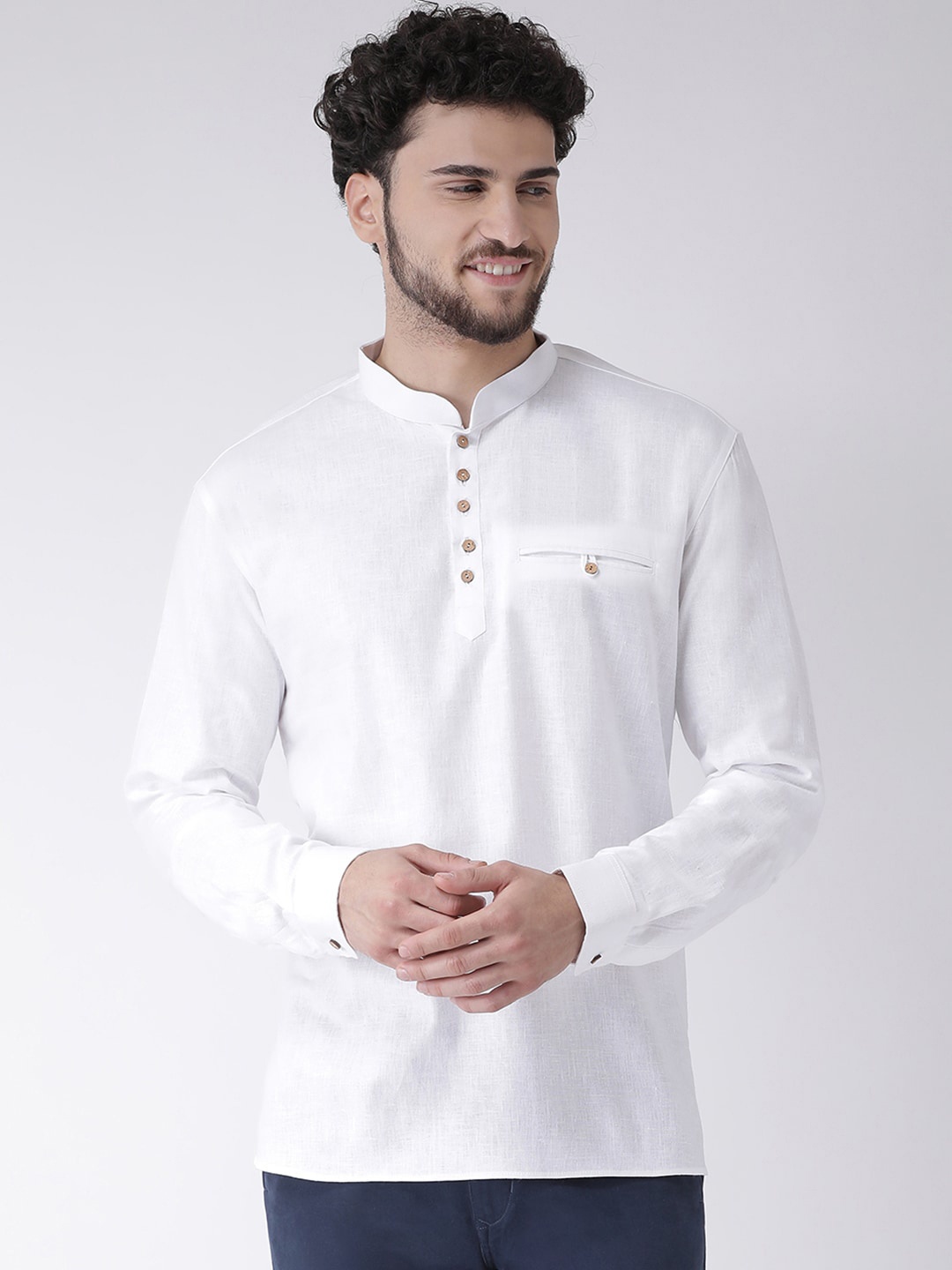 

TABARD Men White Solid Mandarin Collar Cotton Plain Kurta