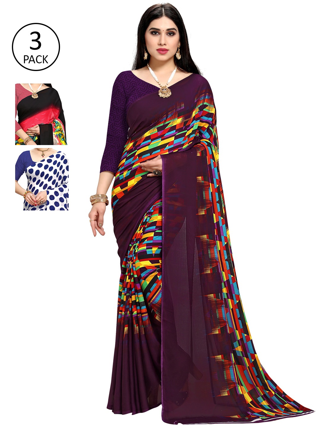 

KALINI Pack Of 3 Poly Georgette Sarees, Burgundy