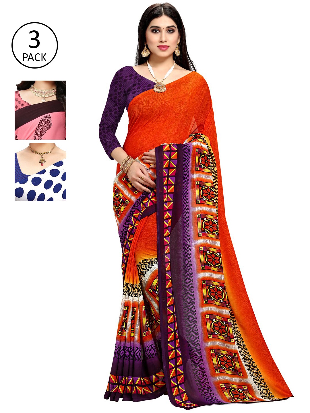 

KALINI Women Pack Of 3 Printed Sarees, Blue