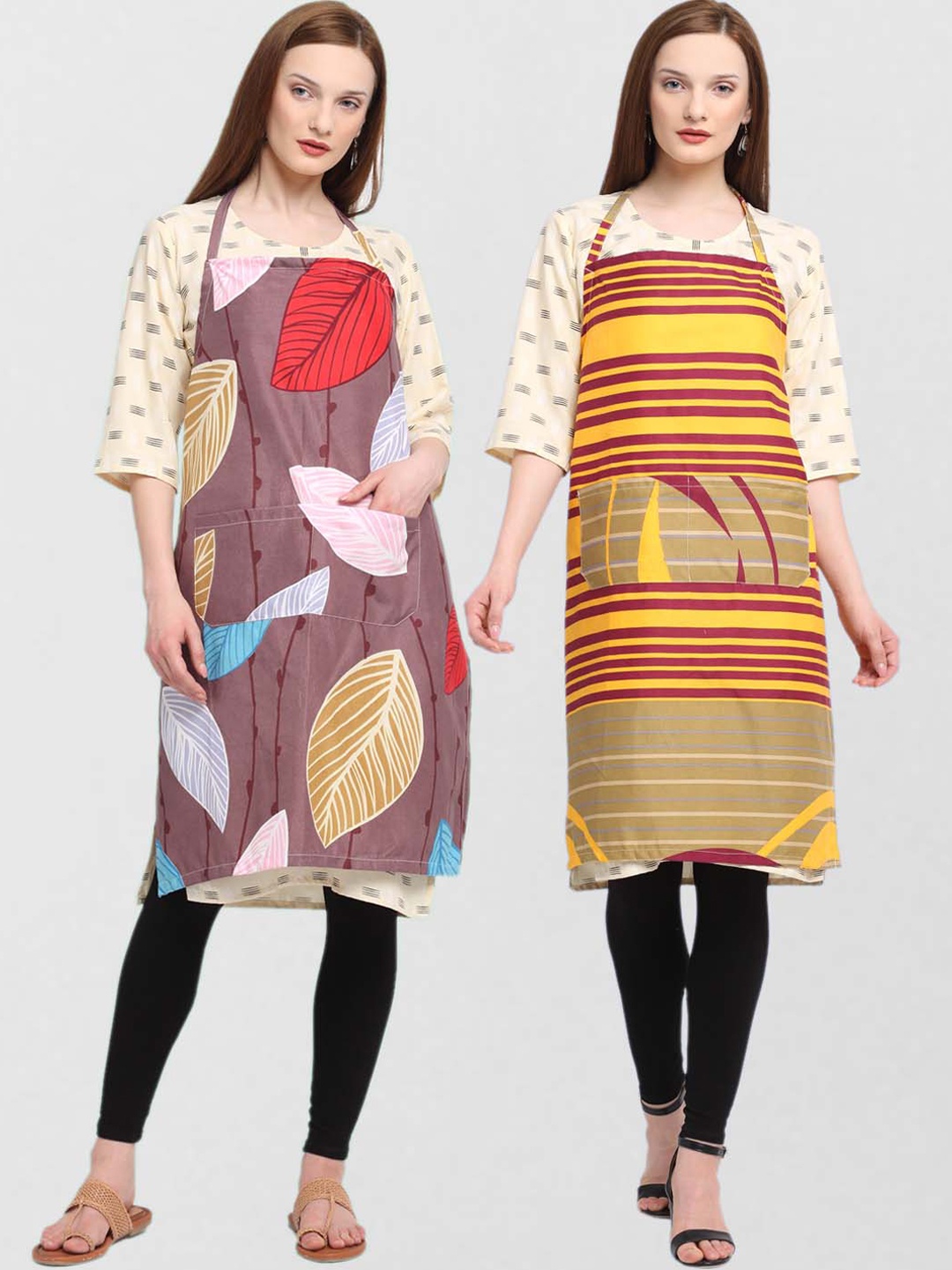 KLOTTHE Pack Of 2 Printed 210 TC Cotton Aprons, Brown