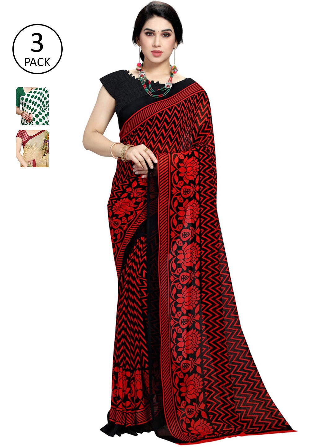 

KALINI Women Pack of 3 Printed Poly Georgette Sarees, White