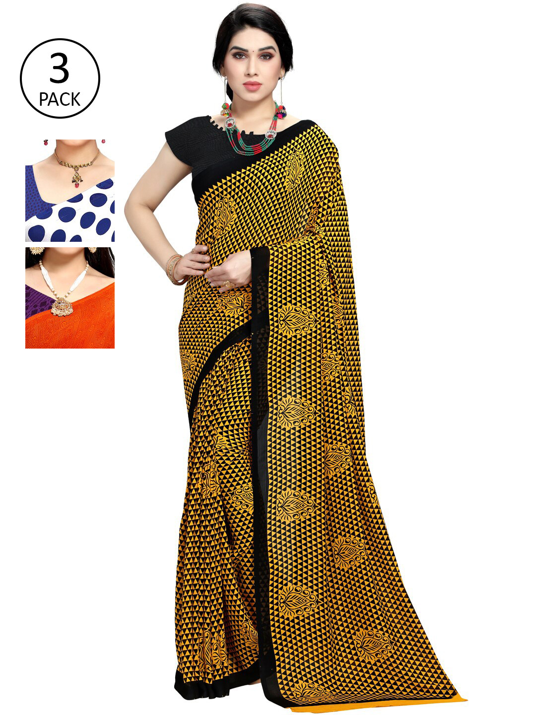 

KALINI Pack Of 3 Poly Georgette Sarees, White